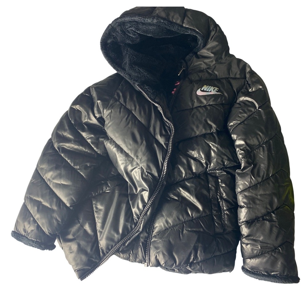 Nike Kids Medium 6 Black‎ Puffer Jacket Hooded Faux Fur Lined Coat